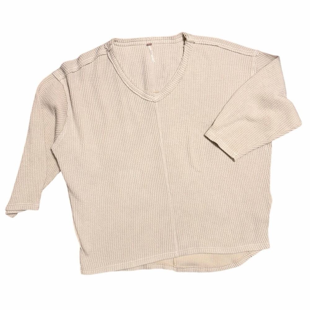Free People Ivory Ribbed V-Neck Oversized Top – Size Large